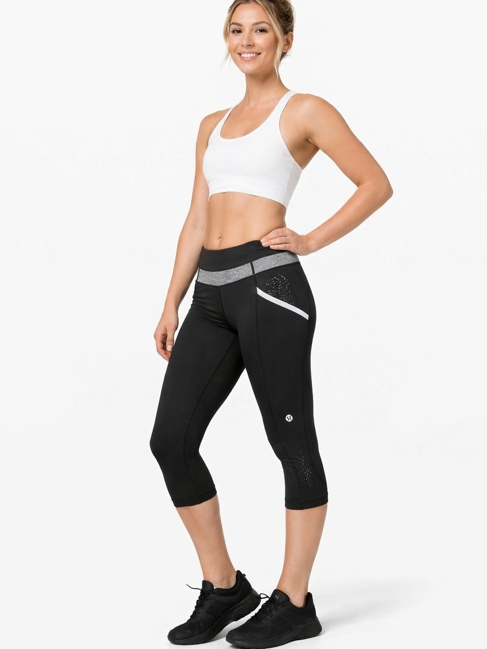 Lululemon Cropped Leggings Black Gray Trim Mesh Panels Size 4